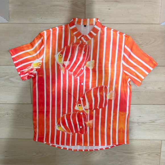 Striped Fish Print Button-Up Shirt Orange Regular - Picture 4 of 6